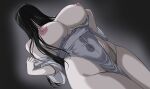  1girl bare_shoulders black_background black_hair breasts commentary covered_eyes covered_navel gradient_background hair_over_eyes hella_p large_breasts long_hair nipples no_panties off_shoulder pelvic_curtain simple_background solo symbol-only_commentary the_ring thighs wide_sleeves yamamura_sadako 