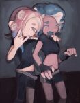  2girls \n/ asymmetrical_sleeves black_gloves black_shorts blue_hair closed_eyes closed_mouth crop_top dark-skinned_female dark_skin dedf1sh dr_mice fang fingerless_gloves gloves highres midriff multicolored_hair multiple_girls octoling octoling_girl octoling_player_character open_mouth red_hair shorts splatoon_(series) tentacle_hair yellow_eyes 