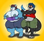  2017 anthro areola arms_(game) big_breasts big_butt black_scales blue_eyes blue_hair blue_scales breasts brown_hair bulge butt clothing eth_(artist) exercise eyewear female fish gecko glasses hair heart_attack huge_breasts lizard male marine morbidly_obese nintendo nintendo_switch nipples obese overweight penis penis_outline penis_shaped_bulge penis_tip peregrine_(character) red_eyes reptile scales scalie shark sweat thick_thighs training video_games voluptuous wardrobe_malfunction wide_hips wilma_(character) workout 