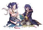  blue_hair book cloak closed_eyes cynthia_(fire_emblem) fire_emblem fire_emblem:_kakusei gloves gzei holding holding_book mark_(female)_(fire_emblem) mark_(fire_emblem) multiple_girls scarf simple_background smile stuffed_animal stuffed_toy twintails watermark white_background 