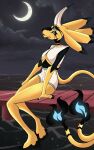 anthro blue_eyes bottomwear breasts cleavage_cutout clothed clothing cutout fan_character female fire fur grimeire hi_res hooves horn hybrid long_ears long_legs shorts side_boob solo tail tall yellow_body yellow_fur