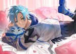  1boy absurdres altventurer_(regis_altare) black_pants blue_eyes blue_hair closed_mouth frilled_pillow frills heart heart-shaped_pillow highres holostars holostars_english hood hoodie layered_sleeves leg_up light_blue_hair long_sleeves looking_at_viewer lying male_focus on_bed on_stomach pants petting pillow pink_pillow regis_altare shiyan_(flames_ten) short_hair slime_(creature) smile the_pose twitter_username virtual_youtuber white_hoodie 