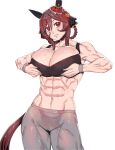  1girl abs absurdres alternate_costume animal_ears bare_shoulders black_sports_bra blush breasts brown_hair cleavage commentary_request cowboy_shot ear_covers ear_ornament gentildonna_(umamusume) grey_pants grey_wristband highres horse_ears horse_girl horse_tail large_breasts medium_hair midriff minew muscular muscular_female navel pants red_eyes simple_background smile solo sports_bra tail umamusume white_background 