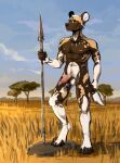 absurd_res african_wild_dog balls blue_eyes brown_body brown_fur canid canine casual_nudity ear_piercing fur genitals grass hi_res holding_object holding_spear holding_weapon humanoid_genitalia humanoid_penis jaden_ribery jewelry male mammal melee_weapon necklace nipples nude outside paws penis piercing plant polearm rock savanna sky solo spear standing tail tree tribal tribal_jewelry tribal_necklace urui91 weapon white_body white_fur