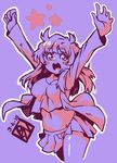  arms_up babydoll_t-shirt blue blush_stickers breasts cleavage cowboy_shot dated jacket long_hair long_sleeves lowres midriff monochrome navel open_mouth original outline pleated_skirt poch4n purple purple_background skirt star upper_teeth 