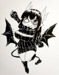  1girl black-framed_eyewear black_hair black_sweater black_tail black_wings breasts chibi colored_skin commentary contrapposto curvy demon_girl demon_horns demon_tail grey_eyes hair_between_eyes highres horns huge_breasts ink large_breasts limited_palette long_hair merii_(mazohaha) monochrome musuko_ga_kawaikute_shikatanai_mazoku_no_hahaoya one_eye_closed outstretched_arms ribbed_sweater semi-rimless_eyewear simple_background smile spread_arms standing standing_on_one_leg sweater tail thighs traditional_media under-rim_eyewear white_background white_horns white_skin wings zyugoya 