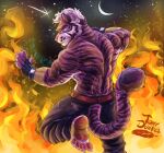 anthro barefoot beard clothed clothing facial_hair feet felid fire fur hair male mammal moon pantherine pink_nose purple_body purple_fur solo striped_body striped_fur stripes tiger tonydunkel topless white_hair