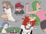  5girls arm_up barefoot blonde_hair blood blood_on_face blue_hair bocchi_the_rock! bottle closed_eyes coat collar colored_eyelashes commentary_request cup cyllene_(pokemon) earrings eyelashes freckles glasses green_eyes green_hair grey_background highres hood hoodie jewelry long_hair mallow_(pokemon) mela_(pokemon) mouth_hold multicolored_hair multiple_girls nutkingcall onsen open_mouth parted_lips penny_(pokemon) pink_shirt pokemon pokemon_sm pokemon_sv rattata red_hair round_eyewear sada_(pokemon) shaded_face shirt short_hair shorts speech_bubble squatting strapless strapless_shirt torn_clothes torn_coat tray trembling two-tone_hair white_coat 