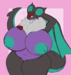 alphaandrenew anthro areola big_areola big_breasts black_body blue_areola blue_body breasts female fur generation_6_pokemon genitals heart_symbol hi_res looking_at_viewer neck_tuft nintendo noivern pokemon pokemon_(species) purple_body pussy simple_background solo tuft white_body white_fur wide_hips wings yellow_eyes