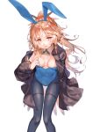  absurdres animal_ears arknights bird_tail black_pantyhose blue_leotard blush breasts bright_pupils brown_coat coat covered_navel detached_collar fake_animal_ears feather_hair highleg highleg_leotard highres kawasumi_(tk2k_jade) leotard long_coat long_hair medium_breasts mole mole_under_eye open_clothes open_coat open_mouth orange_eyes orange_feathers orange_hair pantyhose pinecone_(arknights) playboy_bunny ponytail rabbit_ears simple_background tail thighband_pantyhose white_background white_pupils 