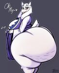 anthro big_breasts big_butt black_eyes blush boss_monster_(undertale) bottomless bovid breasts butt caprine cellulite clothed clothing english_text female floppy_ears goat half-closed_eyes heart_symbol hi_res horn huge_breasts huge_butt huge_thighs hyper hyper_butt inuzu looking_back mammal narrowed_eyes open_mouth robe solo text thick_thighs toriel undertale_(series) white_body