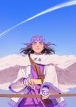  1girl arrow_(projectile) asirpa bad_id bad_twitter_id black_hair blue_sky bow_(weapon) cape earrings floating_hair fur_cape golden_kamuy gotong_4 hairband headband holding holding_arrow holding_bow_(weapon) holding_weapon jewelry looking_ahead purple_hairband sky smile solo upper_body weapon 
