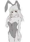  1girl absurdres breasts cleavage collarbone cowboy_shot greyscale hair_bun highres kantai_collection leotard long_hair medium_breasts monochrome neve_(morris-minicooper) playboy_bunny ranger_(kancolle) side-tie_leotard simple_background solo standing strapless strapless_leotard thigh_gap 