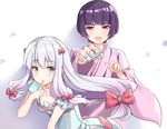  bandaged_fingers bandages bangs blue_dress blue_eyes blunt_bangs bob_cut bow clenched_hand dress eromanga_sensei eyebrows_visible_through_hair finger_to_mouth floating_hair frills gradient_hair hair_bow izumi_sagiri japanese_clothes kimono leaning_forward long_hair looking_at_viewer low-tied_long_hair multicolored_hair multiple_girls open_mouth pink_bow pink_hair pink_kimono pink_ribbon purple_eyes purple_hair ribbon senju_muramasa short_hair silver_hair ttnap very_long_hair 