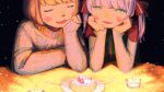  2girls :3 alternate_costume alternate_hair_color animal_nose blonde_hair blush cake candle commentary facing_another food fork green_eyes grey_sweater hair_ribbon half-closed_eyes hand_on_own_chin hands_on_own_chin head_rest highres layered_sleeves long_sleeves looking_at_another looking_to_the_side mochi_hiyoko mochipro mode_aim multiple_girls open_mouth plate ponpoko_(vtuber) purple_hair red_ribbon red_shirt ribbon shared_food shirt short_hair short_over_long_sleeves short_sleeves side-by-side smile snowing sweater table turtleneck turtleneck_sweater twintails upper_body utochan_(uptkop) virtual_youtuber white_sleeves 