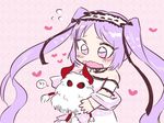  arm_garter asterios_(fate/grand_order) bare_shoulders blush choker euryale fate/grand_order fate_(series) fluffy flying_sweatdrops horns long_hair open_mouth purple_eyes purple_hair red_eyes speech_bubble tsukkokko twintails 