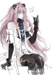  0_caxaver 1girl animal_ears bear_ears cherry coat food fruit hair_between_eyes highres holding holding_food holding_fruit id_card long_hair mechanical_arms mechanical_ears mechanical_legs parted_lips pink_eyes pink_hair punishing:_gray_raven sidelocks solo teddy_(punishing:_gray_raven) white_background white_coat 