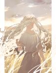  1boy androgynous blonde_hair braid cloud collarbone commentary cowboy_shot day dress elden_ring eyes_visible_through_hair field floating_hair grey_sky hair_over_eyes highres kero_1110 long_hair looking_at_viewer male_focus miquella_(elden_ring) multiple_braids one_eye_covered outdoors outside_border pillarboxed reaching reaching_towards_viewer sky solo standing wheat_field white_dress wind yellow_eyes 