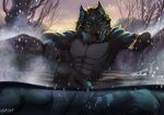 anthro athletic athletic_male bathing biggoodwolf black_nose canid canine canis fur hot_spring male mammal muscular muscular_male nude outside partially_submerged snow snowing solo water wolf xanrel_(xanrel_nightglow)