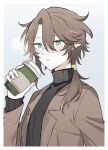  1boy asymmetrical_sidelocks black_sweater border breath brown_hair clamor_(elsword) coffee_cup contemporary cup curtained_hair disposable_cup elf elsword glasses green_eyes grey_background hair_between_eyes hair_over_shoulder hand_up hasyu_(0n3ushu) holding holding_cup lapels long_hair looking_at_viewer low_ponytail male_focus notched_lapels parted_lips pointy_ears round_eyewear simple_background solo sweater turtleneck turtleneck_sweater upper_body white_border 