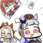  2girls :3 ahoge angry animal_ears blank_eyes blue_eyes blunt_bangs blush_stickers bow bowtie brown_hair brown_headwear chibi commentary ear_bow ear_covers emphasis_lines english_commentary gold_ship_(umamusume) grey_hair hair_between_eyes hair_intakes headgear hood hood_down hoodie horse_ears horse_girl jazz_jack lowres mask messy_hair mixed-language_commentary mouth_mask multiple_girls orange_hair orfevre_(umamusume) photo_(object) pillbox_hat puffy_short_sleeves puffy_sleeves purple_bow purple_bowtie purple_shirt sailor_collar school_uniform shirt short_sleeves simple_background single_ear_cover sketch tracen_school_uniform umamusume upper_body v-shaped_eyebrows white_background white_sailor_collar wide_face 