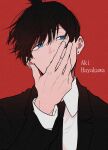  absurdres black_hair black_jacket black_necktie blue_eyes chainsaw_man collared_shirt dress_shirt earrings hand_on_own_face hayakawa_aki highres jacket jewelry necktie portrait red_background shirt simple_background stud_earrings suit_jacket tian_zhu2357 white_shirt 