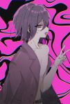  1boy coat coat_on_shoulders danganronpa_(series) danganronpa_v3:_killing_harmony hair_between_eyes highres hlt_in looking_at_viewer male_focus off_shoulder oma_kokichi open_mouth pants profile purple_coat purple_eyes purple_hair simple_background solo sweat upper_body v 