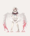  ahoge albino asuna_(doruru-mon) barefoot blood bloody_wings crying crying_with_eyes_open dress feathered_wings grey_background highres looking_at_viewer multicolored_hair original red_eyes short_hair tears white_hair white_wings wings 