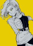  1girl android_18 belt dragon_ball dragon_ball_z earrings highres jewelry kometubu0712 monochrome official_style short_hair skirt solo striped_sleeves yellow_background yellow_eyes 