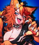  1girl absurdres ahoge animal_ears artist_name black_shirt blue_background blue_eyes breasts buffpup_(vtuber) claws collar colored_sclera fangs highres kairuui large_breasts long_bangs looking_at_viewer monster_girl multicolored_hair o-ring_collar orange_hair shirt solo spiked_collar spikes tail teeth tongue tongue_out torn_clothes torn_shirt upper_teeth_only vchiban virtual_youtuber werewolf wolf_ears wolf_girl wolf_tail yellow_sclera 