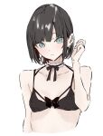  1girl atenaba bare_arms black_bra black_ribbon blue_eyes bra brown_hair commentary_request detached_collar ear_piercing earrings highres jewelry looking_at_viewer neck_ribbon original parted_lips piercing ribbon short_hair simple_background solo underwear upper_body white_background wings 