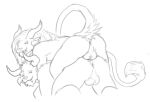 all_fours anthro anus balls charr duo fangs felid fur genitals guild_wars hair horn looking_back male mammal monochrome nude on_top raised_tail simple_background smile tail teeth unknown_artist white_background