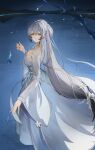  1girl absurdres azur_lane blue_fire chinese_clothes commentary_request dress fire flantia grey_hair hai_tien_(autumn_night_of_wandering_spirits)_(azur_lane) hai_tien_(azur_lane) hanfu highres lake long_hair looking_at_viewer looking_back low-tied_long_hair official_alternate_costume see-through see-through_dress solo standing standing_on_liquid very_long_hair white_dress wide_sleeves yellow_eyes 