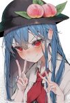  1girl absurdres black_headwear blue_hair blush closed_mouth collared_shirt double_v food fruit hair_between_eyes hat highres hinanawi_tenshi long_hair looking_at_viewer necktie peach red_eyes red_necktie shirt smile solo touhou tsune_(tune) upper_body v white_shirt 