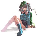  1girl aqua_footwear aqua_shirt autumn_leaves backpack bag blue_eyes boots breasts collared_shirt commentary frilled_shirt_collar frills full_body grass green_bag green_headwear grey_hair grey_skirt hair_bobbles hair_ornament hat jewelry kawashiro_nitori key key_necklace knees_up legs long_sleeves looking_at_viewer m1ya_p medium_hair necklace open_mouth pocket rock shirt sidelocks simple_background sitting skirt small_breasts solo symbol-only_commentary thighs touhou white_background 