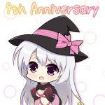  1girl anniversary ayachi_nene belt belt_bra black_cloak black_headwear black_sleeves blush bow breasts chibi cleavage cloak commentary_request detached_sleeves english_text grey_hair hair_between_eyes hair_bow hair_ribbon hands_up happy hat highres jewelry large_breasts long_hair looking_at_viewer navel necklace open_mouth pink_belt pink_bow purple_eyes ribbon sanoba_witch simple_background sleeves_past_wrists smile solo striped_bow taiga5556 tareme upper_body very_long_hair white_background wide_sleeves witch_hat yellow_ribbon 