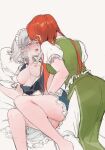  2girls :o ass blush braided_sidelock breasts breasts_out breath facing_another grey_hair highres hong_meiling implied_fingering izayoi_sakuya maid_headdress medium_breasts multiple_girls nipples nose_blush orange_hair pants puffy_short_sleeves puffy_sleeves sarukana short_sleeves simple_background sweat touhou white_pants yuri 