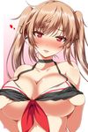  ar_(lover_boy) bangs bare_arms bikini black_bikini black_ribbon breasts brown_hair choker cleavage collarbone hair_ribbon heart heart-shaped_pupils highres kantai_collection large_breasts looking_at_viewer murasame_(kantai_collection) pink_background red_eyes ribbon self_fondle smile solo strap_gap swimsuit symbol-shaped_pupils twintails upper_body white_background 
