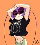 alex_ahad antennae arms_up black_torch breasts casual crop_top crop_top_overhang fallout_(black_torch) large_breasts lips looking_to_the_side midriff puckered_lips purple_hair short_hair slender_waist solo sunglasses 