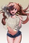  1girl blue_eyes brown_hair denim denim_shorts evangelion:_3.0+1.0_thrice_upon_a_time hair_between_eyes hair_ornament highres interface_headset long_hair looking_at_viewer navel neon_genesis_evangelion plugsuit rebuild_of_evangelion shorts solo souryuu_asuka_langley two_side_up yagisawa_teru 