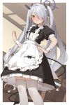  1girl absurdres alternate_costume apron black_dress black_ribbon black_tail blue_archive blush demon_tail dress enmaided feet_out_of_frame frilled_apron frills grey_hair hair_over_one_eye hair_ribbon halo highres iori_(blue_archive) long_hair maid maid_apron pointy_ears purple_halo red_eyes ribbon short_sleeves solo tail thighhighs twintails white_apron white_thighhighs wrist_cuffs yukie_(kusaka_shi) 