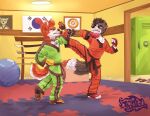 anthro barefoot brown_eyes brown_hair canid canine canis collar domestic_dog duo feet fight fur green_eyes hair hi_res looking_at_another male mammal orange_body orange_fur south_korean_flag tonydunkel