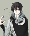  animal asuna_(doruru-mon) black_hair blue_eyes cape grey_background highres lizard original short_hair smile smirk 