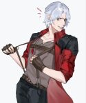  1boy blue_eyes coat dante_(devil_may_cry) devil_may_cry_(anime) devil_may_cry_(series) fingerless_gloves gloves higan1113557 highres holding looking_at_viewer male_focus simple_background smile solo white_hair 