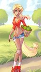  2017 anthro apple applejack_(mlp) bandage basket belly candy clothing cutie_mark food friendship_is_magic fruit invalid_tag legwear lollipop looking_at_viewer my_little_pony navel presenting pubes pulling_pants_down ribbons socks standing tomatocoup 