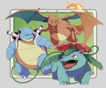  blastoise bright_pupils brown_eyes charizard claws closed_mouth commentary_request fangs flame-tipped_tail no_humans open_mouth plant pokemon pokemon_(creature) red_eyes rozu_ki smile tongue venusaur vines white_pupils 