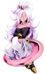  1girl absurdres android_21 black_sleeves black_tube_top blue_eyes breasts cleavage colored_skin detached_sleeves dragon_ball dragon_ball_fighterz earrings gradient_hair harem_pants highres hoop_earrings jewelry looking_at_viewer majin_android_21 medium_breasts multicolored_hair pants pink_hair pink_skin simple_background sitting strapless tail tube_top white_background white_hair white_pants yuuri_(fukuroudou) 