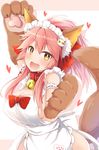  :d animal_ears apron arm_garter arm_up blush breasts cat_hair_ornament cleavage fangs fate/grand_order fate_(series) fox_ears fox_tail gloves hair_ornament large_breasts long_hair looking_at_viewer maid_headdress naked_apron open_mouth paw_gloves paws pink_hair ponytail ram_hachimin smile solo tail tamamo_(fate)_(all) tamamo_cat_(fate) yellow_eyes 