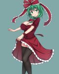  1girl black_thighhighs bow breasts cleavage_cutout clothing_cutout commission dress frilled_bow frilled_ribbon frills front_ponytail green_eyes green_hair hair_bow hair_ribbon highres kagiyama_hina lifted_by_self looking_at_viewer puffy_short_sleeves puffy_sleeves red_bow red_dress red_ribbon ribbon short_sleeves skeb_commission smile solo thighhighs touhou 