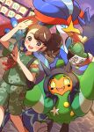  1girl :d absurdres backpack bag blush brown_eyes brown_hair cloud commentary_request eyelashes green_shirt green_shorts highres juliana_(pokemon) ogerpon open_mouth outdoors pokemon pokemon_(creature) pokemon_sv pon_yui ponytail quaquaval shirt short_sleeves shorts sinistcha sky smile standing teeth twilight upper_teeth_only 